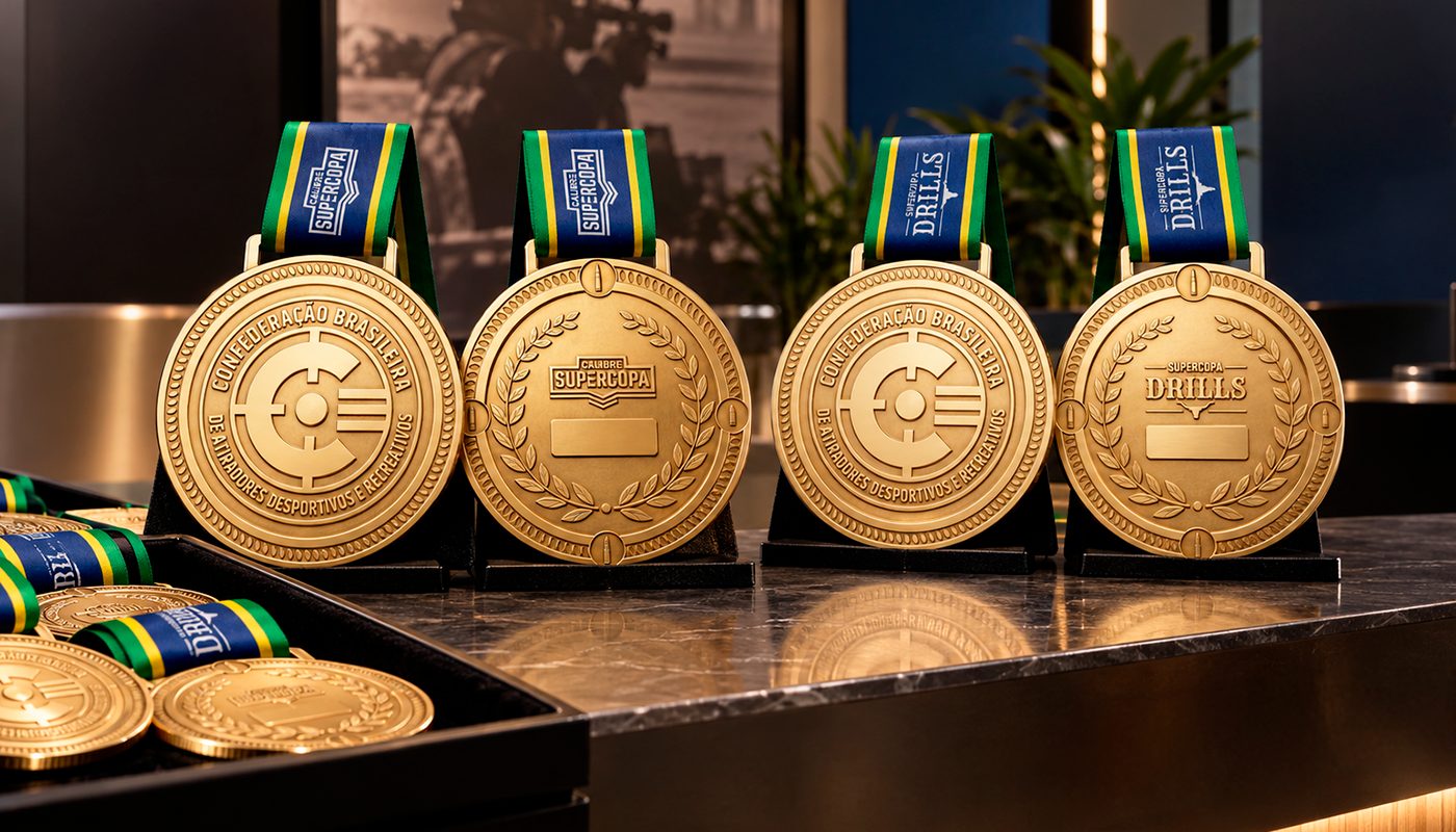 Medalhas oficiais da Calibre Supercopa com fita verde e amarela